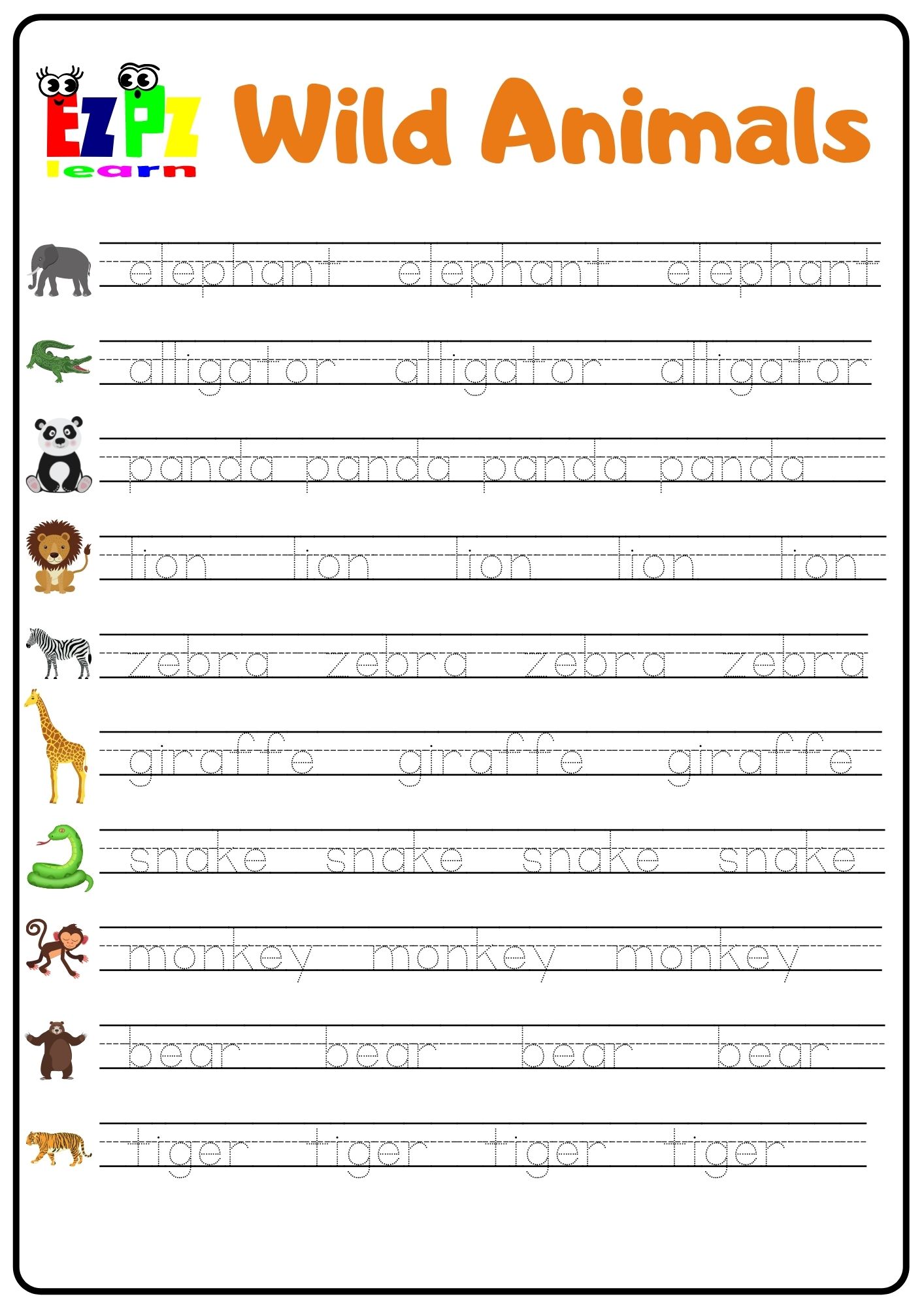 Wild Animals Word Tracing Worksheet